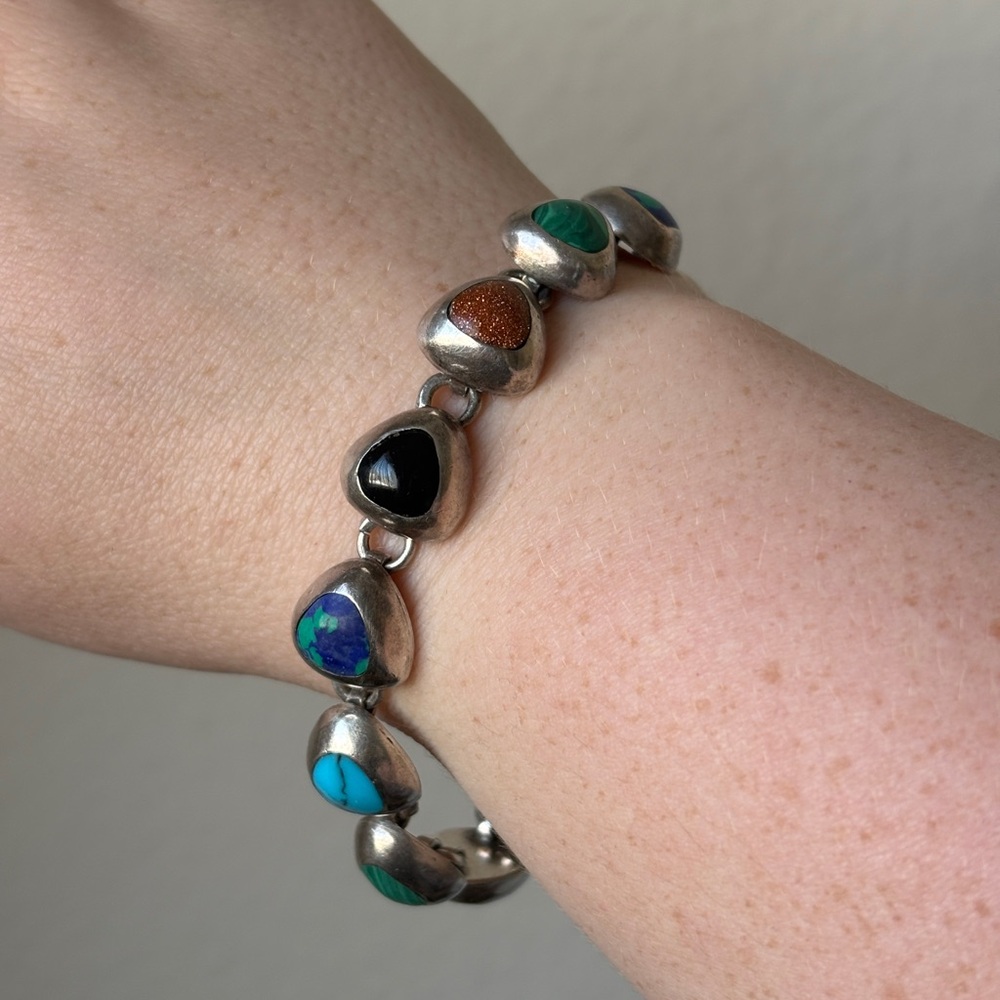 Vintage Taxco Sterling Silver 925 Mexico Multi Color Stone Link Bracelet